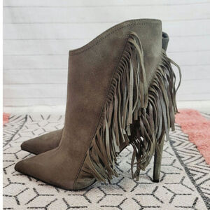 ALLSAINTS Izzy Suede Fringe Stiletto Heeled Boots in Khaki Green, sz 7/7.5-38 EU
